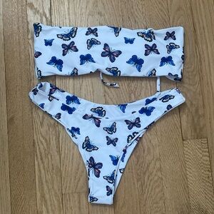White and Butterfly Strapless Bikini Thong Set